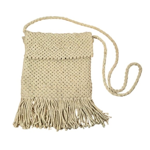 VTG Macrame Ivory Crossbody Handbag Purse Crochet Fringe Hippie Boho Zipper - Picture 10 of 10